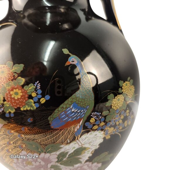 Vintage Black Ceramic Vase With Floral & Peacock Motif Gold Accents Decorative D - Picture 5 of 16